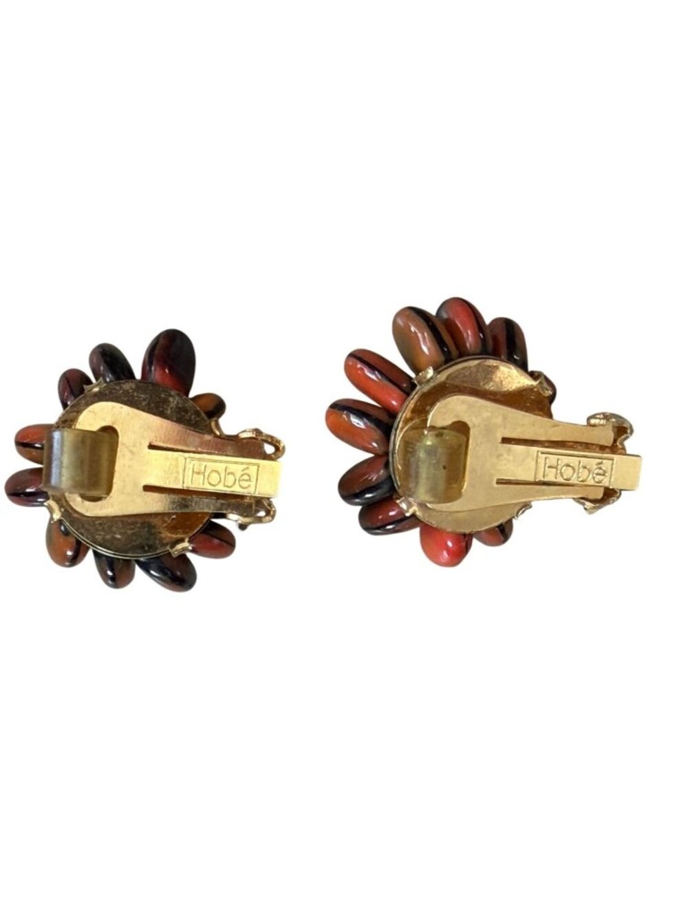 Vintage HOBE Signed Autumn Orange Black Art Glass Bead Cluster Clip Earrings - Picture 3 of 6